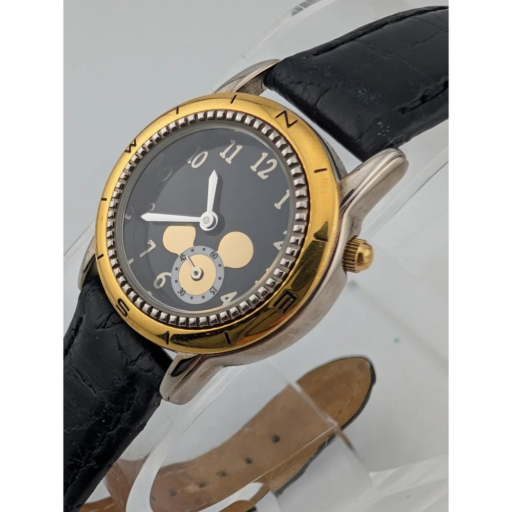 Disney Time Works Mickey Mouse Watch Women‎ Black Leather Band- New Battery